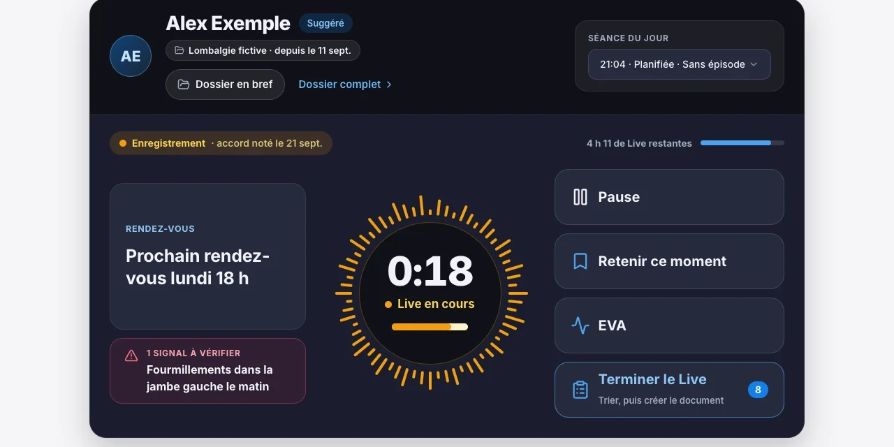 Capture fictive : la console du mode Live pendant une séance, avec le chronomètre et le récap en direct