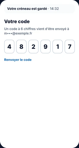 Maquette fictive : le patient saisit le code à six chiffres reçu par e-mail