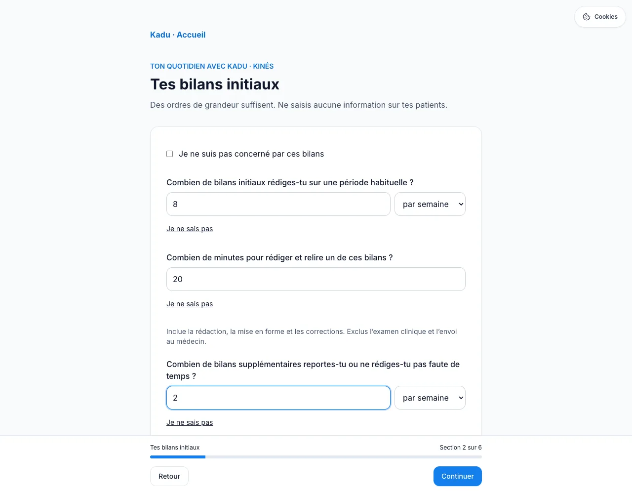 Décris tes bilans, une section à la fois — écran ordinateur de Kadu en mode clair