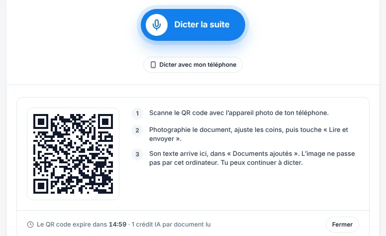 Scanne le document avec ton téléphone — écran ordinateur de Kadu en mode clair