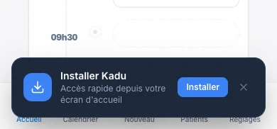Sur Android : touche « Installer » — écran mobile de Kadu en mode clair