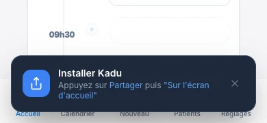 Sur iPhone : la bannière te donne la marche à suivre — écran mobile de Kadu en mode clair