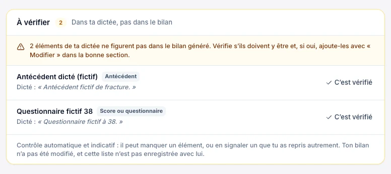 Compare la dictée aux éléments absents du rapport — écran ordinateur de Kadu en mode clair