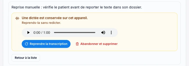 Écoute puis reprends la dictée conservée — écran ordinateur de Kadu en mode clair
