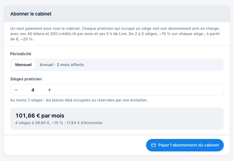Abonne le cabinet en un seul paiement — écran ordinateur de Kadu en mode clair