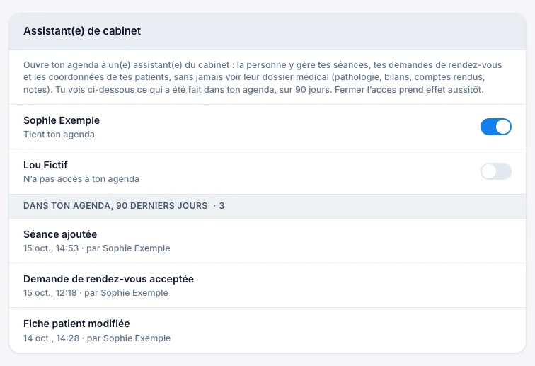 Ouvre ton agenda à l’assistant(e) — écran ordinateur de Kadu en mode clair