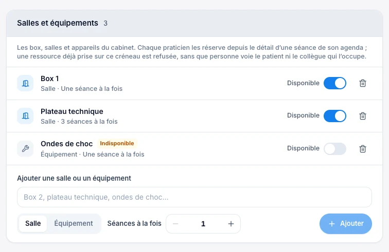 Prépare les salles et les équipements — écran ordinateur de Kadu en mode clair