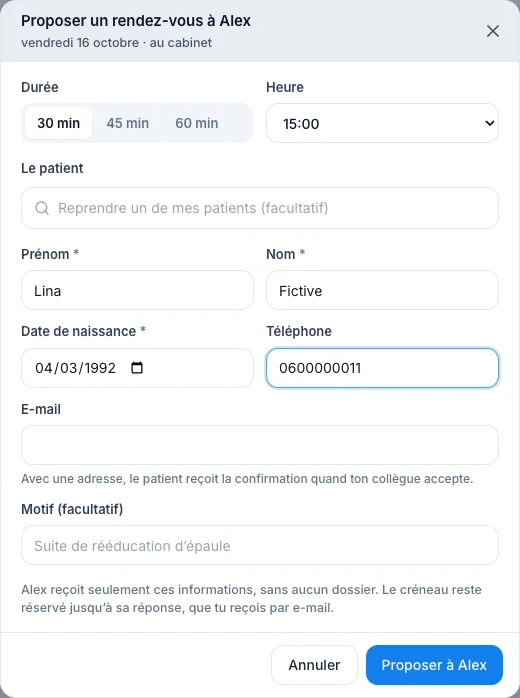 Propose un rendez-vous à ton collègue — écran ordinateur de Kadu en mode clair