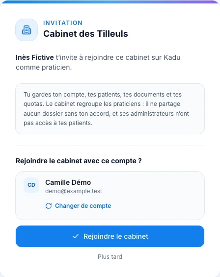 Rejoins le cabinet invité — écran ordinateur de Kadu en mode clair