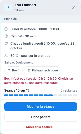 Choisis une autre ressource si elle est prise — écran ordinateur de Kadu en mode clair