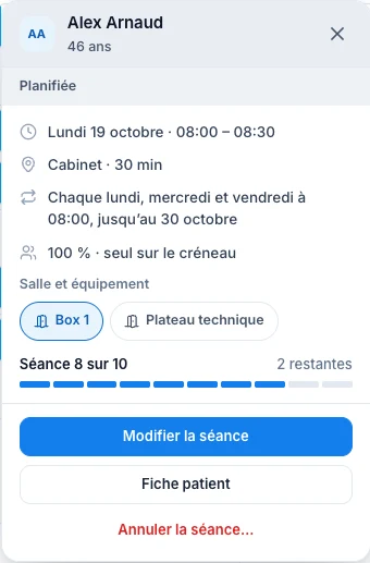 Réserve la salle de ta séance — écran ordinateur de Kadu en mode clair