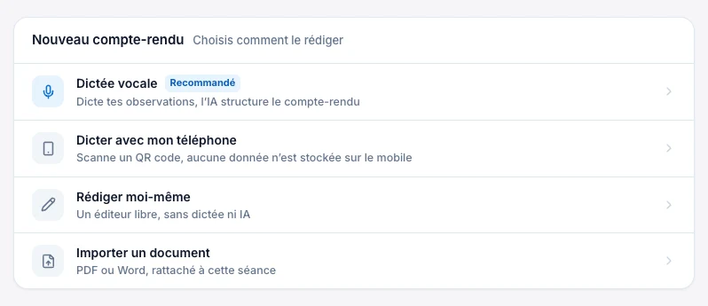 Choisis comment créer le compte rendu de cette séance — écran ordinateur de Kadu en mode clair
