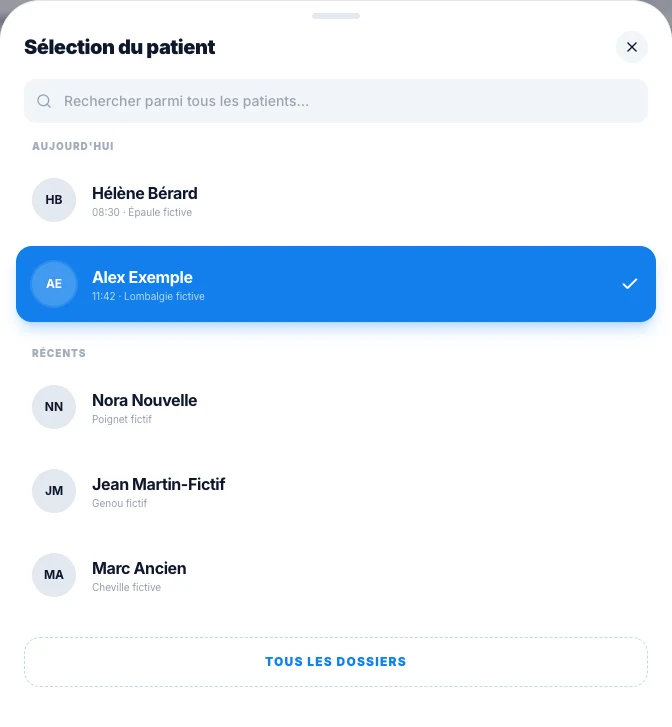 Choisis le patient avant de dicter — écran ordinateur de Kadu en mode clair