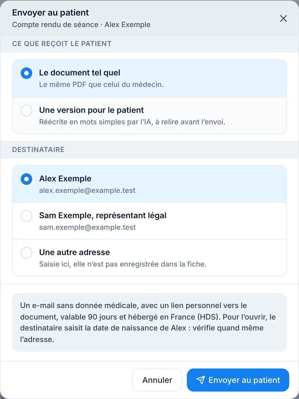 Choisis à qui envoyer le document — écran ordinateur de Kadu en mode clair