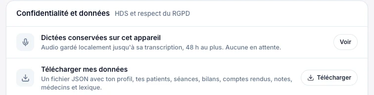 Retrouve l’export et les dictées de cet appareil — écran ordinateur de Kadu en mode clair