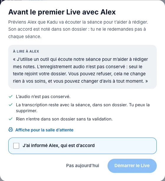 Informe le patient avant le premier Live — écran ordinateur de Kadu en mode clair