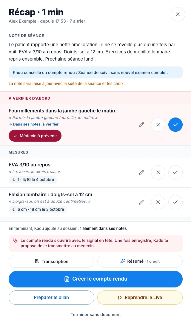 Préviens le médecin d’un signal — écran ordinateur de Kadu en mode clair