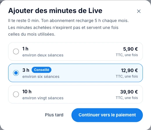 Ajoute des minutes si besoin — écran ordinateur de Kadu en mode clair