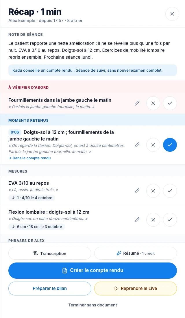 Retrouve tes moments et tes mesures comparées — écran ordinateur de Kadu en mode clair