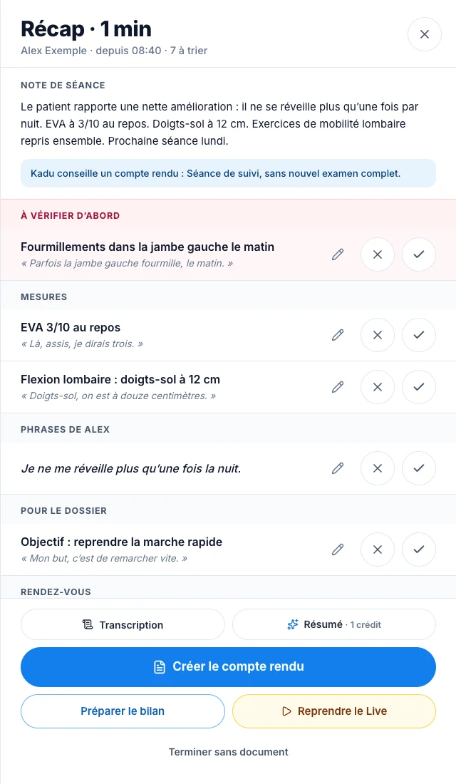 Trie les relevés puis crée le document — écran ordinateur de Kadu en mode clair