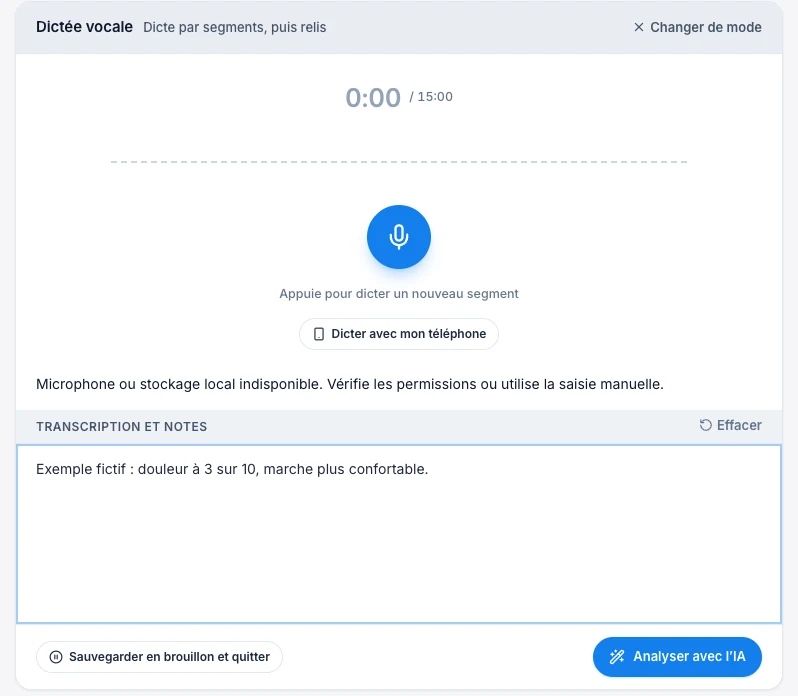 Le micro est indisponible : tu peux continuer au clavier — écran ordinateur de Kadu en mode clair
