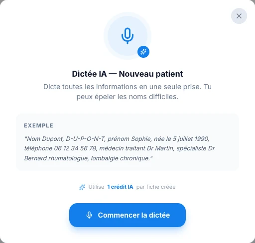 Préremplis le patient par dictée — écran ordinateur de Kadu en mode clair