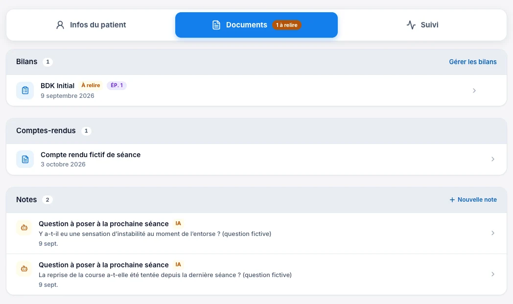 Retrouve les documents et les notes — écran ordinateur de Kadu en mode clair