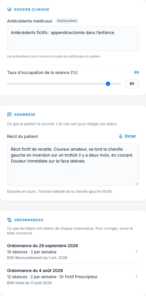 Note l’anamnèse et retrouve les ordonnances — écran ordinateur de Kadu en mode clair