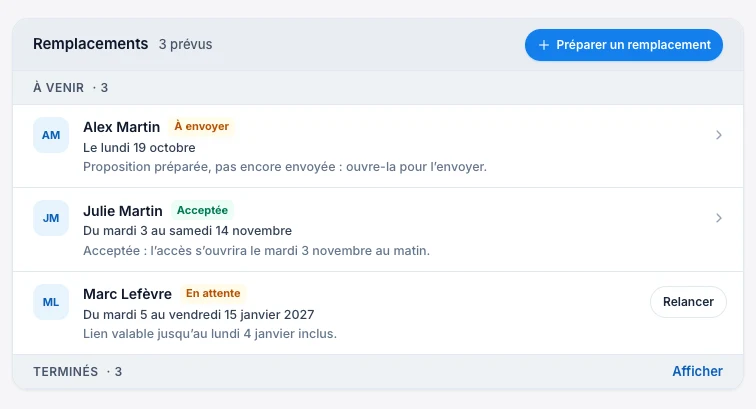 Retrouve une proposition préparée — écran ordinateur de Kadu en mode clair