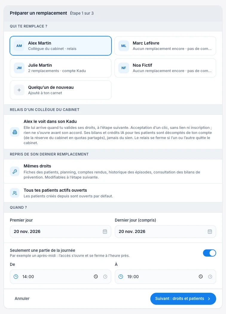 Définis les heures du relais — écran ordinateur de Kadu en mode clair
