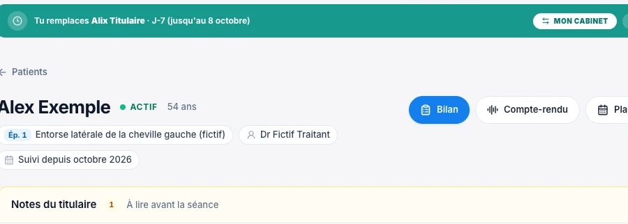 Vérifie dans quel cabinet tu travailles — écran ordinateur de Kadu en mode clair