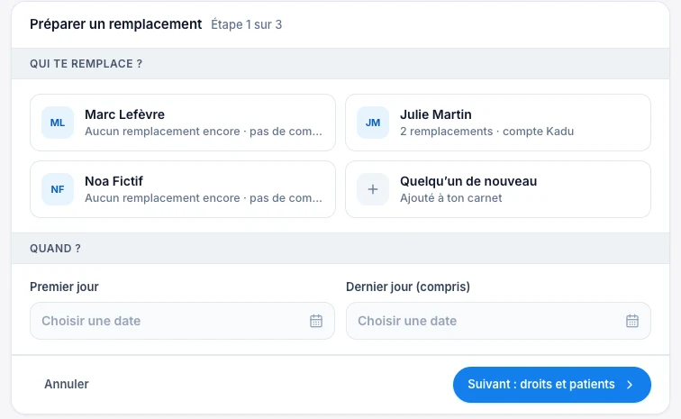 Choisis qui te remplace et pour quelles dates — écran ordinateur de Kadu en mode clair