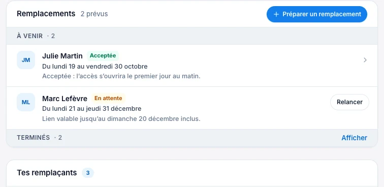 Prépare une période et retrouve tes remplaçants — écran ordinateur de Kadu en mode clair