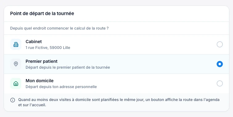 Choisis d’où commence ta tournée — écran ordinateur de Kadu en mode clair