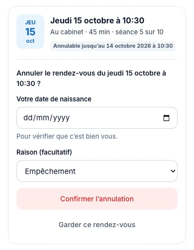Le patient annule dans ton délai — écran mobile de Kadu en mode clair