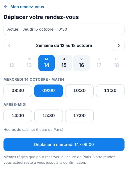 Le patient déplace un rendez-vous pris en ligne — écran ordinateur de Kadu en mode clair