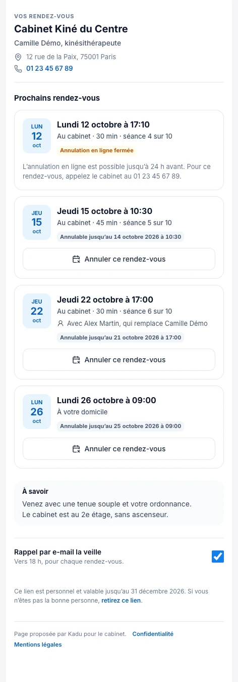 La page du patient : ses rendez-vous, sans compte — écran ordinateur de Kadu en mode clair