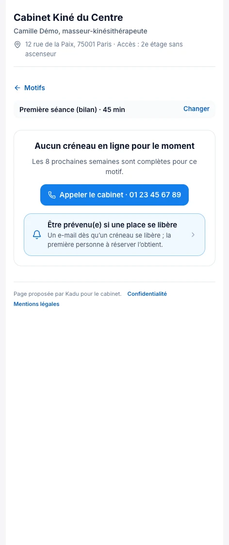 Plus de créneau : la liste d’attente — écran ordinateur de Kadu en mode clair