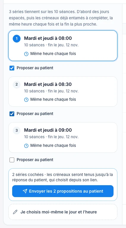 Propose une ou plusieurs séries au patient — écran ordinateur de Kadu en mode clair