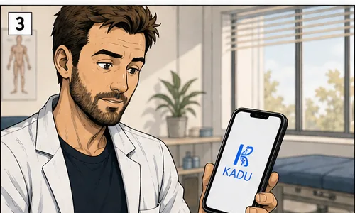 Kiné en cabinet découvrant l'application Kadu sur son smartphone.