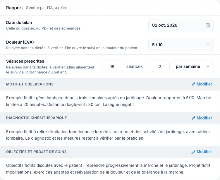 Capture fictive : le rapport de bilan structuré dans Kadu, sur ordinateur