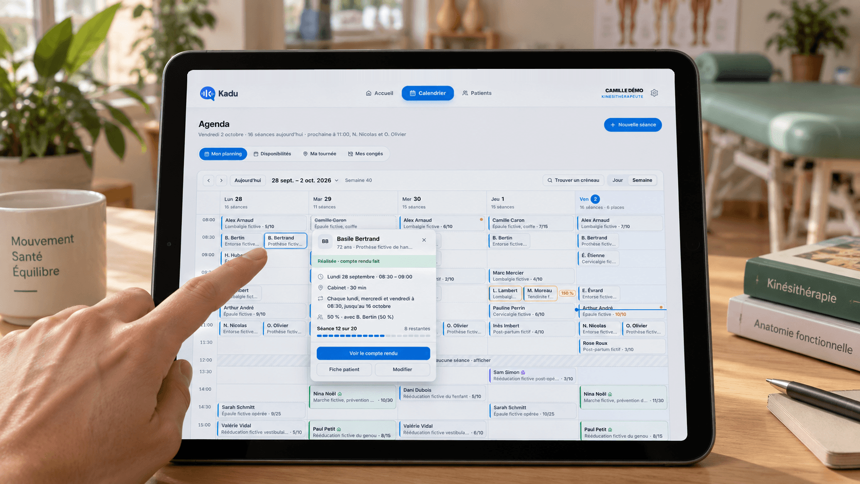 Capture fictive : le planning de la semaine dans Kadu sur une tablette
